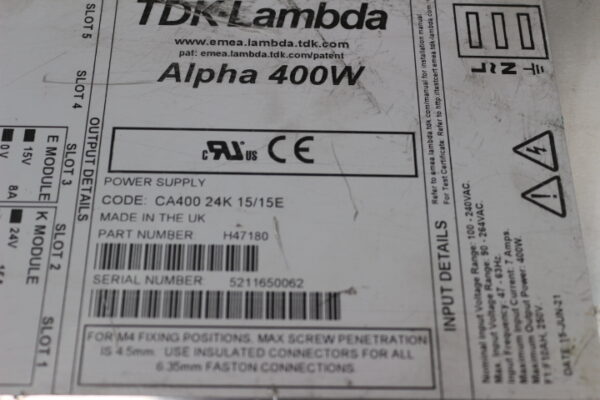 6447 TDK-Lambda Alpha 400W CA400 24K, 15/15E, H47180 Power Supply - Image 2